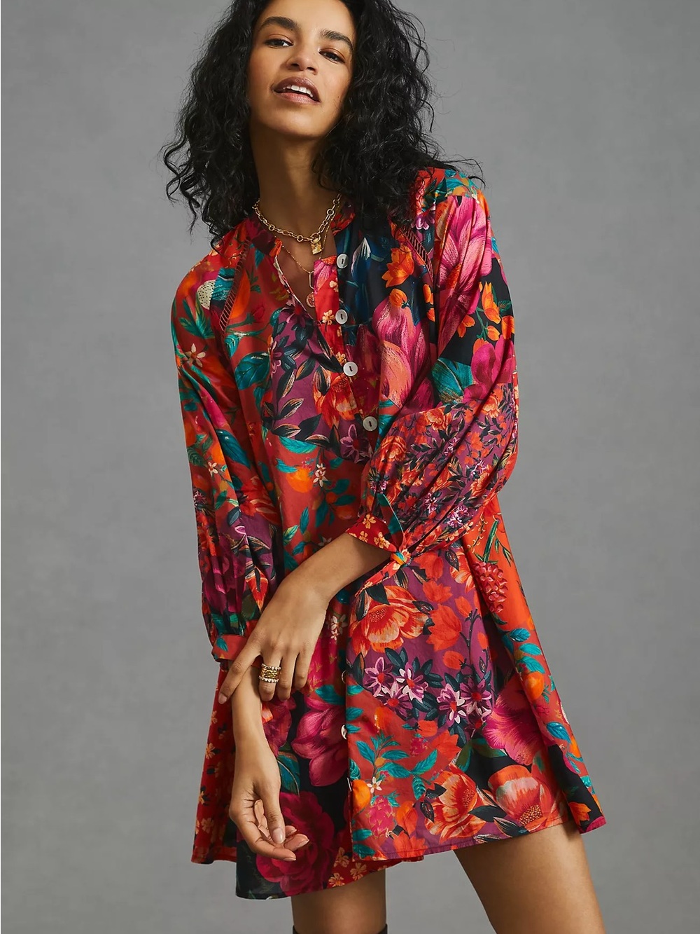 FARM Rio Red Floral Mini Dress with Pink & Teal Accents